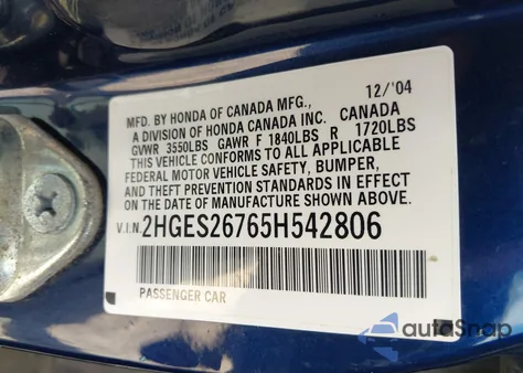 2005 Honda Civic Ex from USA, damaged, VIN 2HGES26765H542806